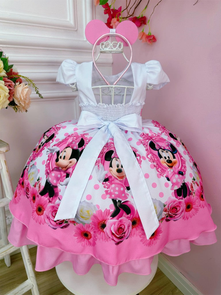 Vestido de Minnie Mouse con lunares rosas y perlas y tiara