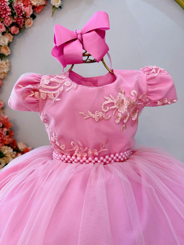 Vestido de niña de flores rosa con encaje y cinturón de perlas