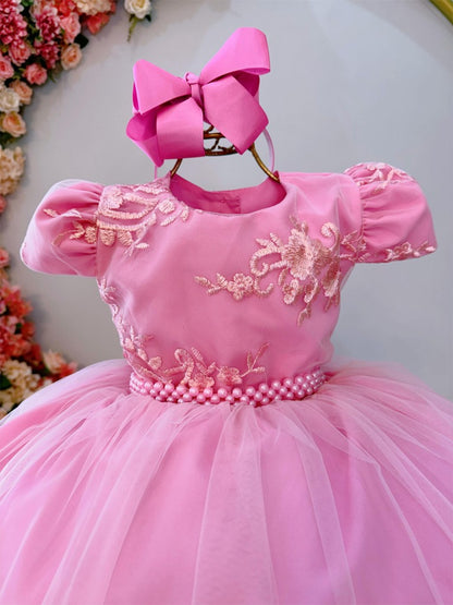 Vestido de niña de flores rosa con encaje y cinturón de perlas