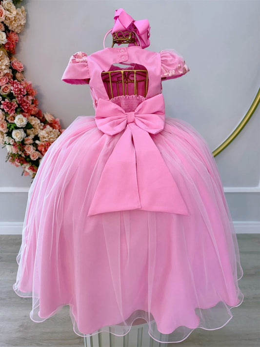 Vestido de niña de flores rosa con encaje y cinturón de perlas