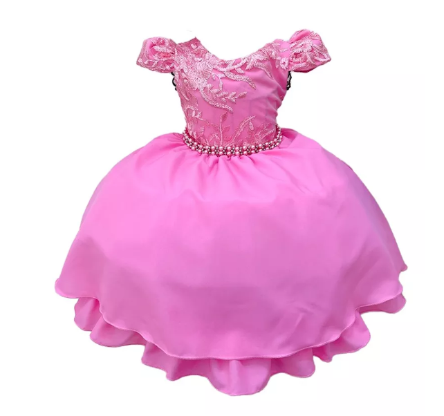 Vestido de dama de honor de encaje rosa chicle con perlas y tiara