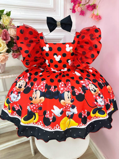 Vestido infantil de Minnie Mouse rojo con lunares negros y lazo de lujo