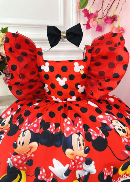 Vestido infantil de Minnie Mouse rojo con lunares negros y lazo de lujo