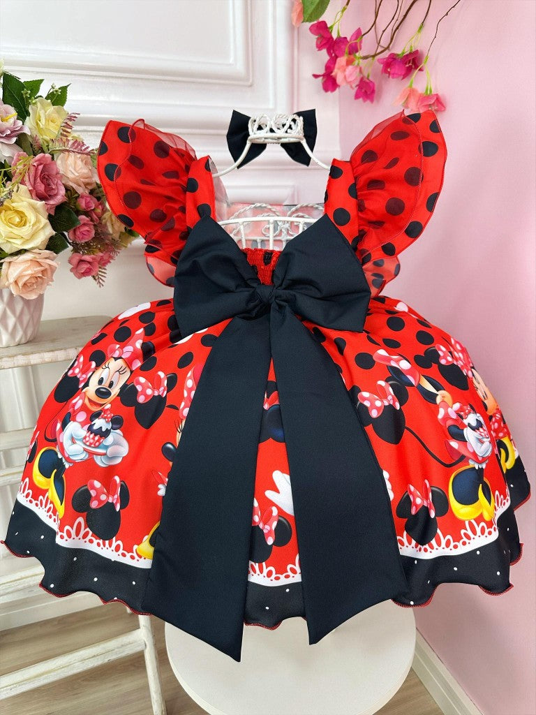 Vestido infantil de Minnie Mouse rojo con lunares negros y lazo de lujo