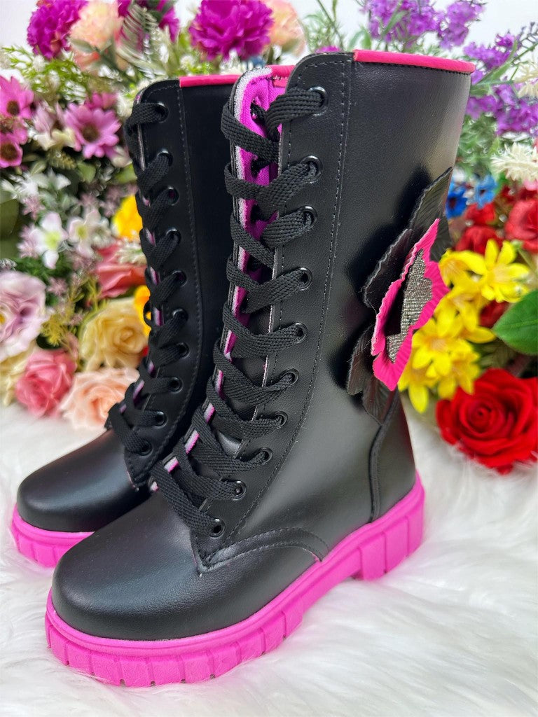 Botas altas para niños negras y rosas con cordones y cremallera 