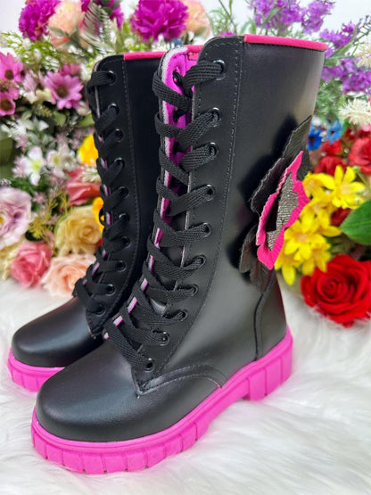 Botas altas para niños negras y rosas con cordones y cremallera 