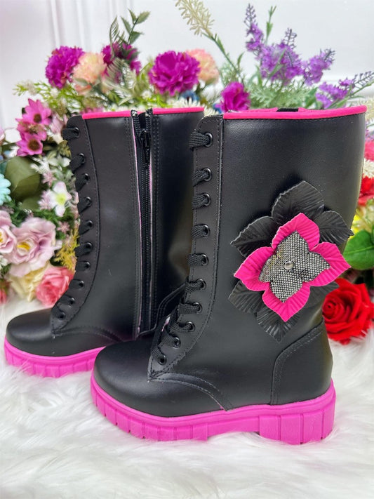 Botas altas para niños negras y rosas con cordones y cremallera 