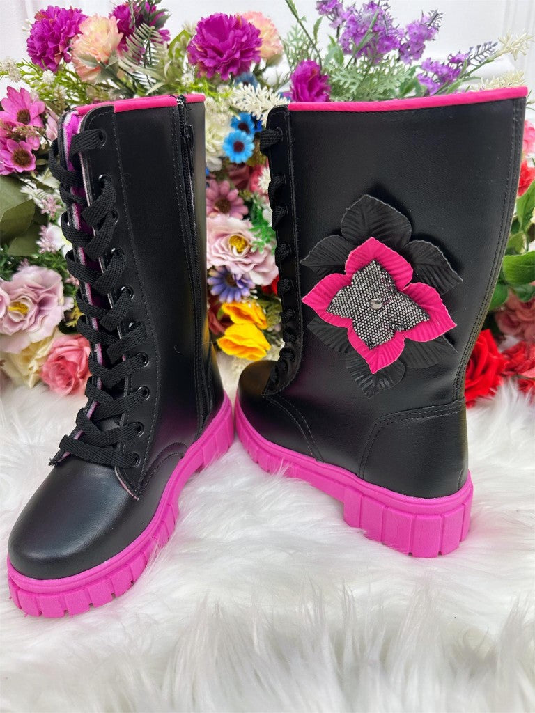Botas altas para niños negras y rosas con cordones y cremallera 