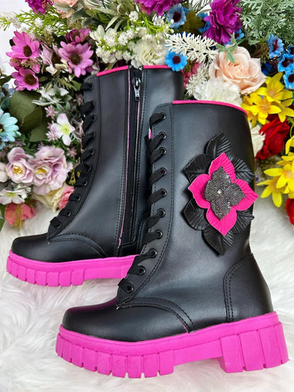 Botas altas para niños negras y rosas con cordones y cremallera 