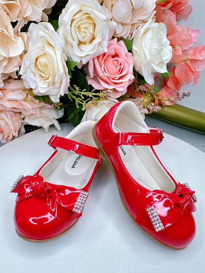 Zapatos de charol rojo con lazo y aplique de diamantes de imitación 
