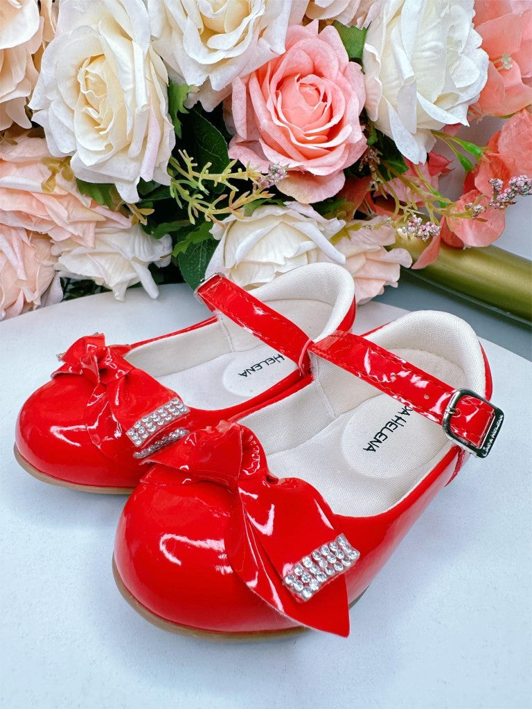 Zapatos de charol rojo con lazo y aplique de diamantes de imitación 