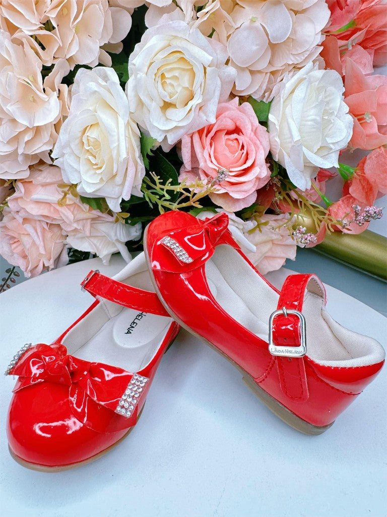 Zapatos de charol rojo con lazo y aplique de diamantes de imitación 