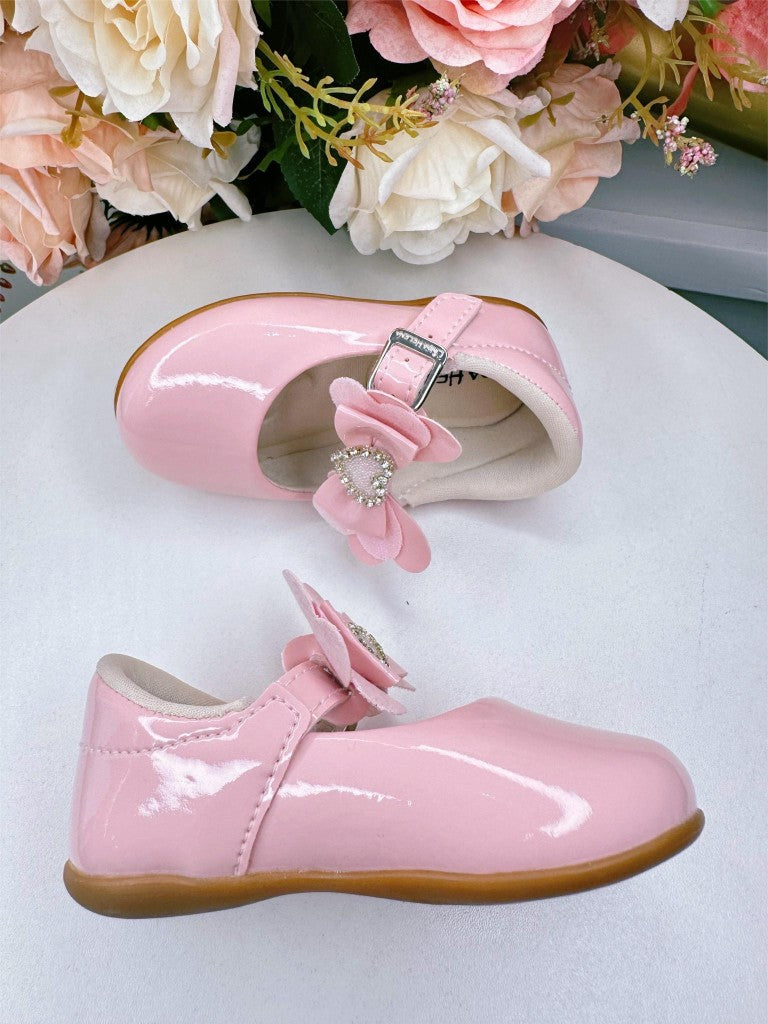 Zapatos rosa bebé con aplique de corazón de diamantes de imitación