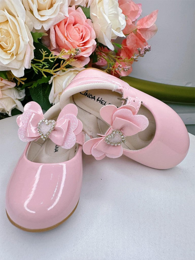 Zapatos rosa bebé con aplique de corazón de diamantes de imitación