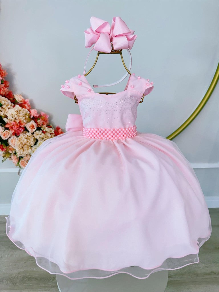 Vestido infantil rosa con falda y busto de organza con pedrería de lujo