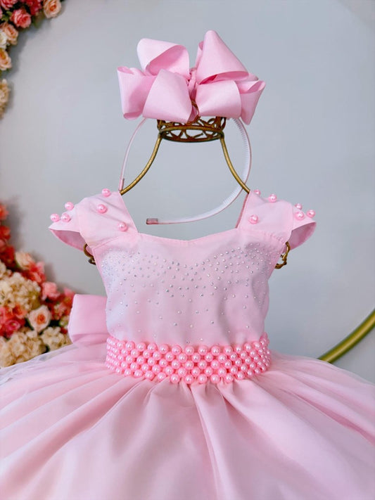 Vestido infantil rosa con falda y busto de organza con pedrería de lujo