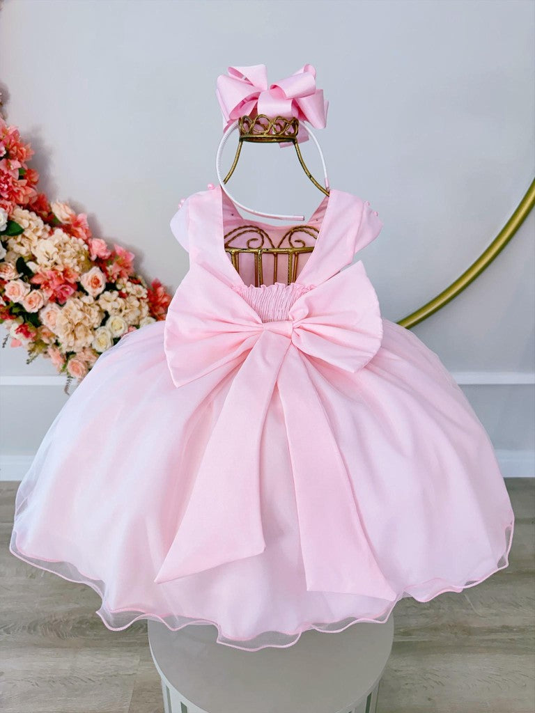 Vestido infantil rosa con falda y busto de organza con pedrería de lujo