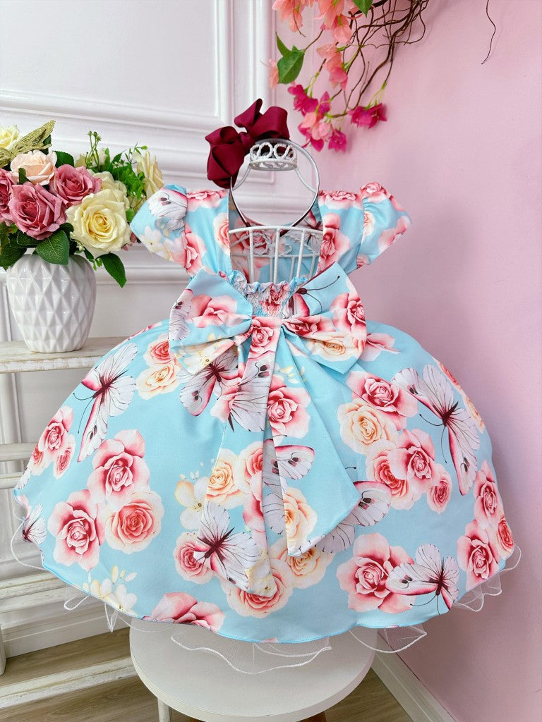 Vestido infantil de jardín de mariposas azules con perlas