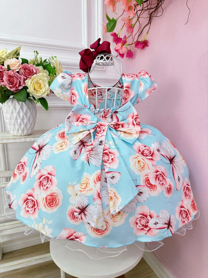 Vestido infantil de jardín de mariposas azules con perlas