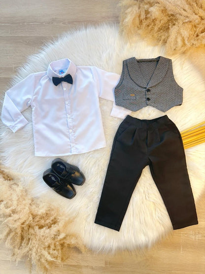 Conjunto formal: Camisa, pantalón, corbata, chaleco negro y gris.