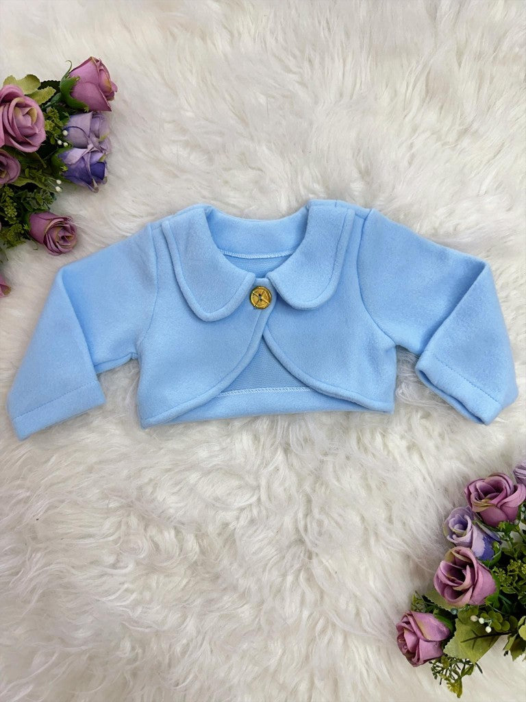 Bolero infantil de lujo azul bebé con botón 