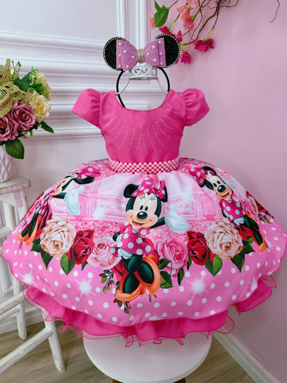 Vestido infantil de Minnie Mouse con flores rosas y diamantes de imitación y cinturón de perlas