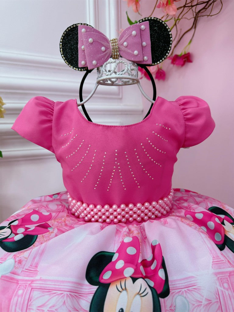Vestido infantil de Minnie Mouse con flores rosas y diamantes de imitación y cinturón de perlas
