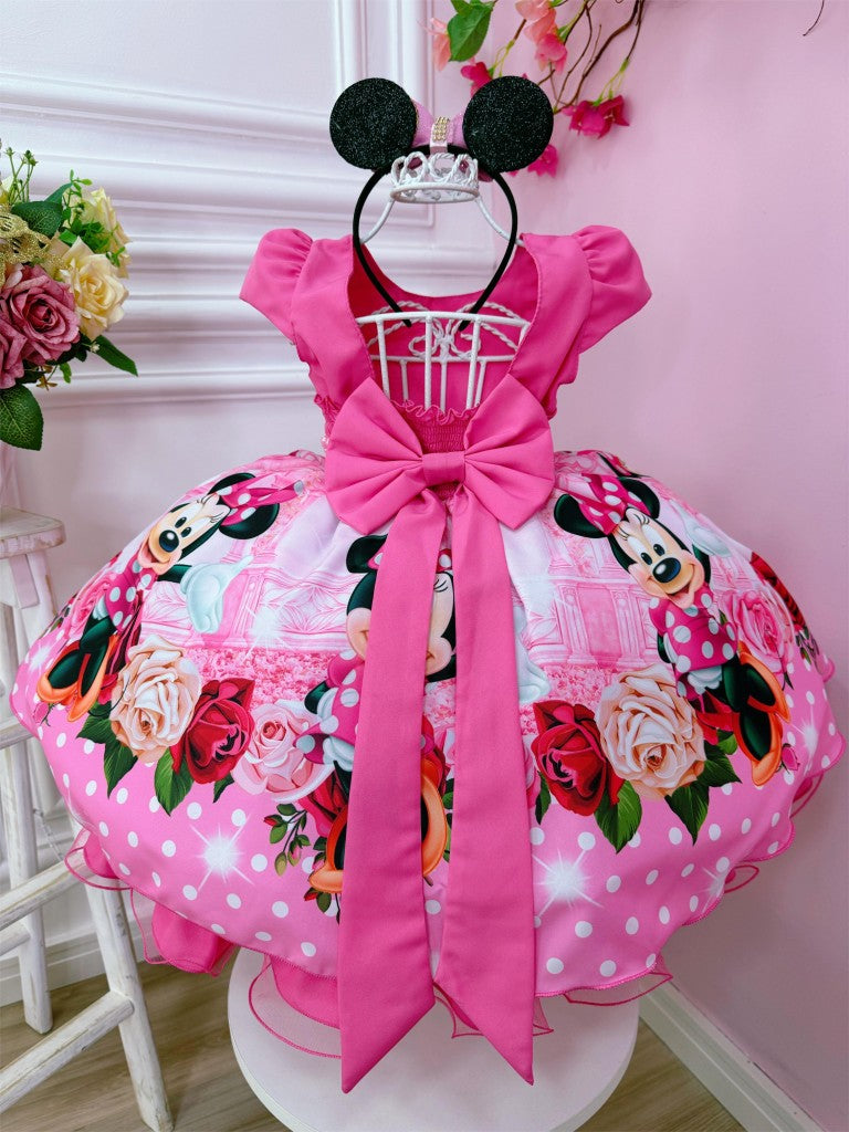 Vestido infantil de Minnie Mouse con flores rosas y diamantes de imitación y cinturón de perlas