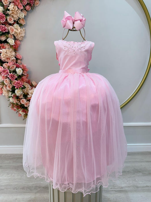 Vestido largo de dama de honor rosa para niña con pedrería y perlas