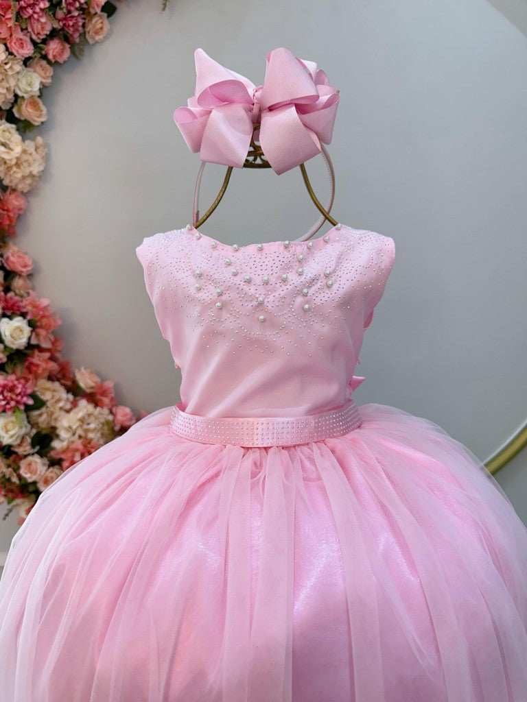 Vestido largo de dama de honor rosa para niña con pedrería y perlas
