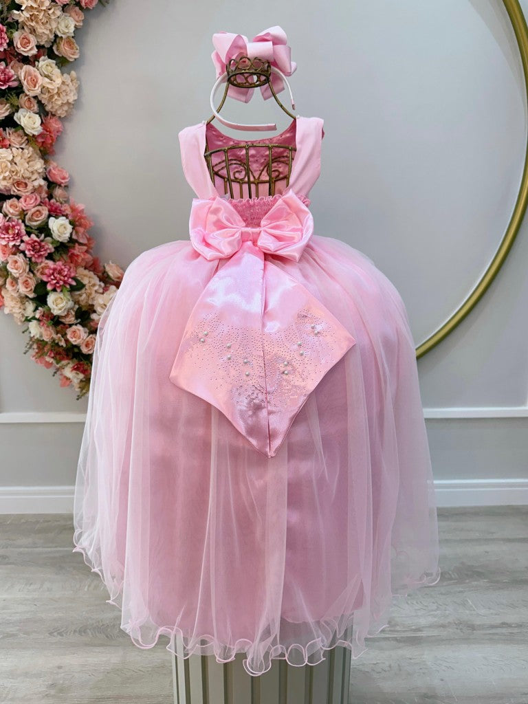 Vestido largo de dama de honor rosa para niña con pedrería y perlas