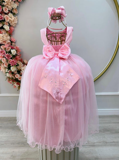 Vestido largo de dama de honor rosa para niña con pedrería y perlas
