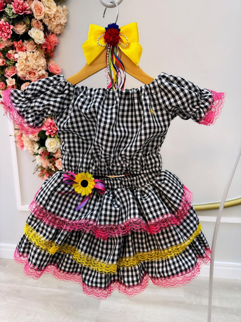 Conjunto corto de cuadros negros Junino para niña con minifalda