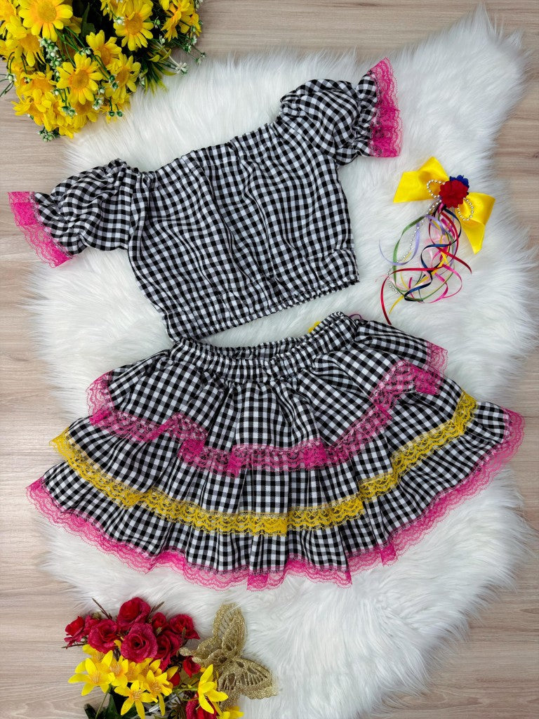Conjunto corto de cuadros negros Junino para niña con minifalda