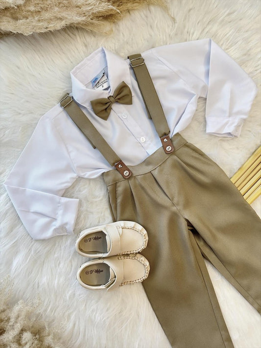 Conjunto Formal Camisa, Pantalón, Corbata y Tirantes Caqui