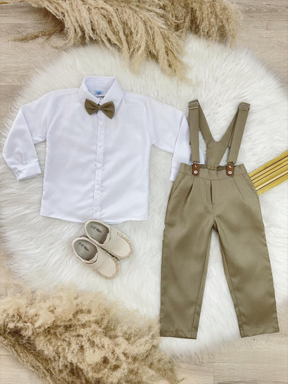 Conjunto Formal Camisa, Pantalón, Corbata y Tirantes Caqui