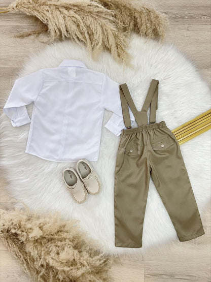Conjunto Formal Camisa, Pantalón, Corbata y Tirantes Caqui