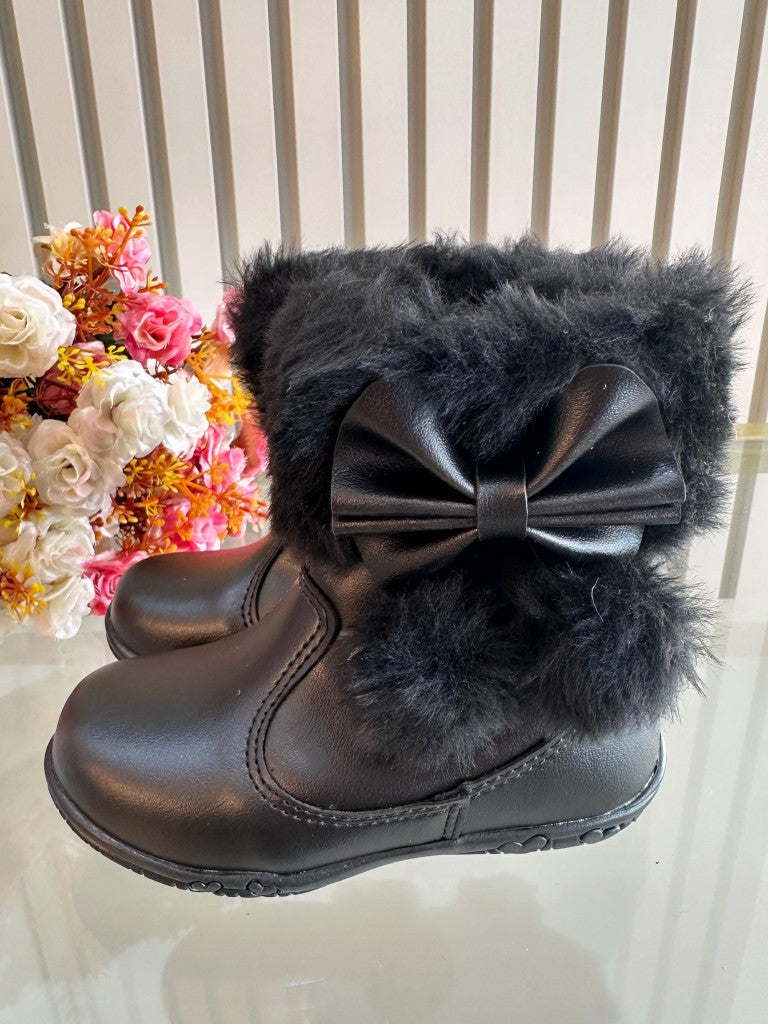 Botitas de niña negras con lazo de pompón, peluche y cremallera