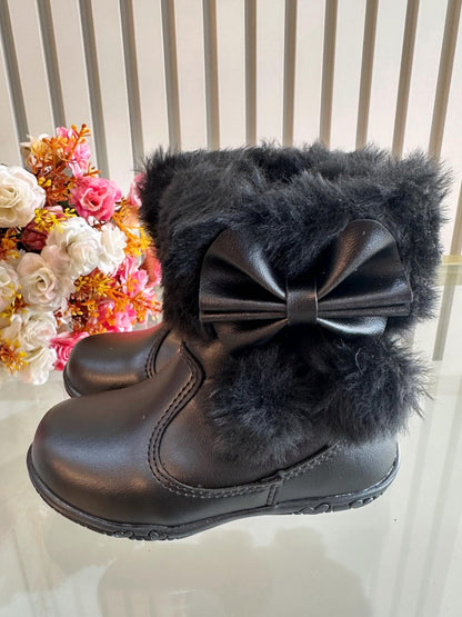 Botitas de niña negras con lazo de pompón, peluche y cremallera