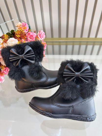Botitas de niña negras con lazo de pompón, peluche y cremallera
