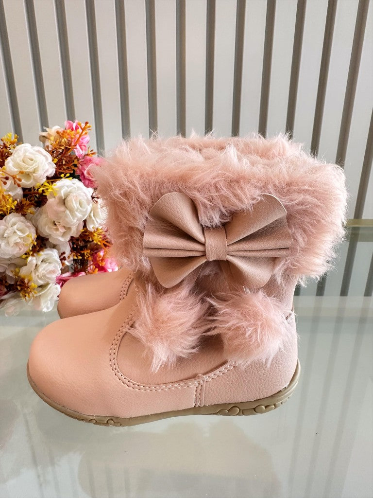 Botitas de niña color piel con lazo de pompón, peluche y cremallera 