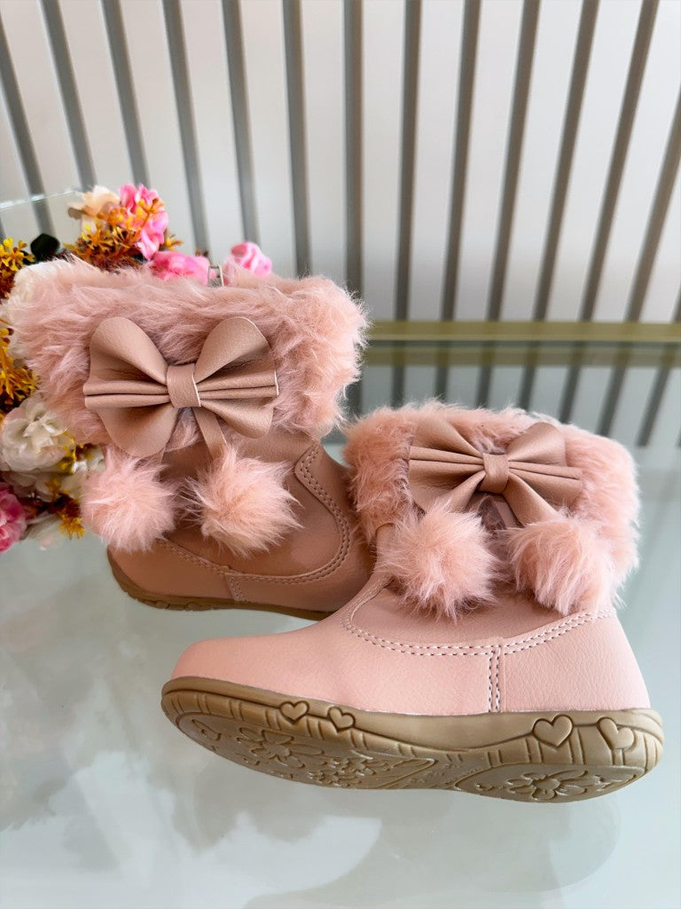 Botitas de niña color piel con lazo de pompón, peluche y cremallera 