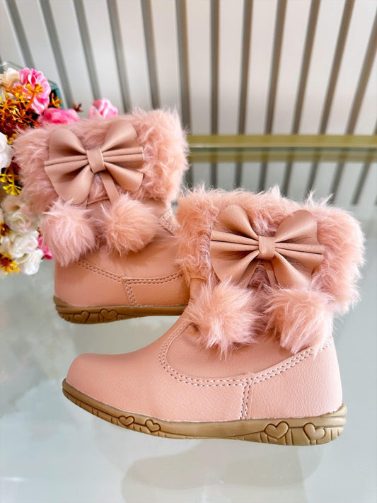 Botitas de niña color piel con lazo de pompón, peluche y cremallera 