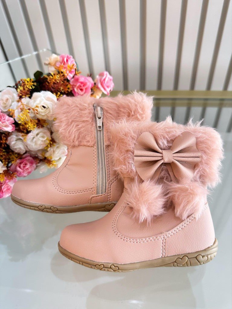 Botitas de niña color piel con lazo de pompón, peluche y cremallera 
