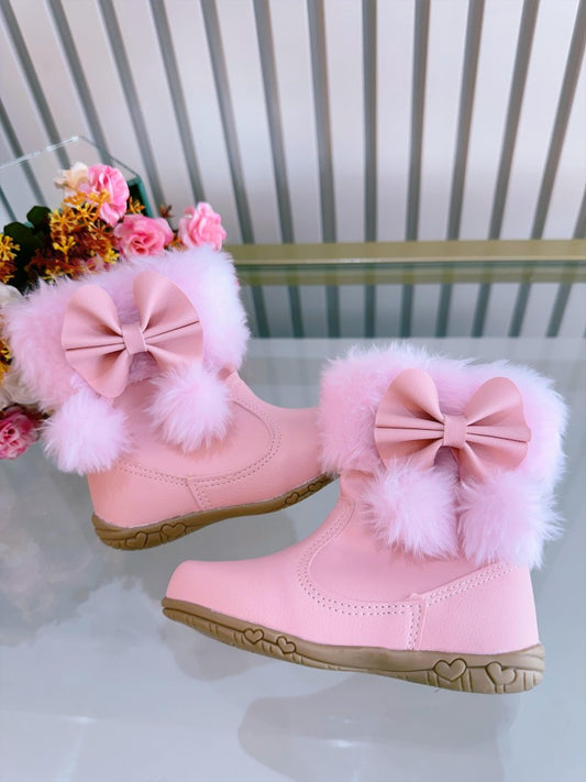 Botitas infantiles rosas con lazo de pompón, peluche y cremallera 