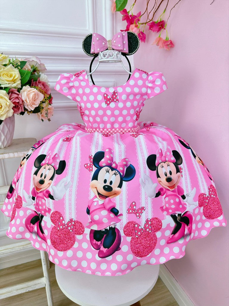 Vestido rosa de Minnie Mouse con cinturón de perlas y princesas de lunares