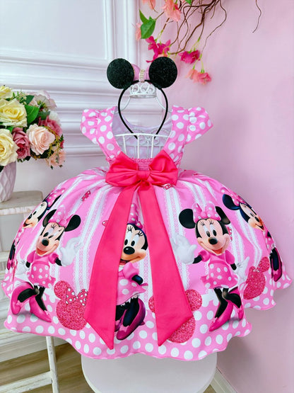 Vestido rosa de Minnie Mouse con cinturón de perlas y princesas de lunares