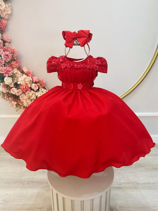Vestido infantil rojo con busto de tul y aplique de flores