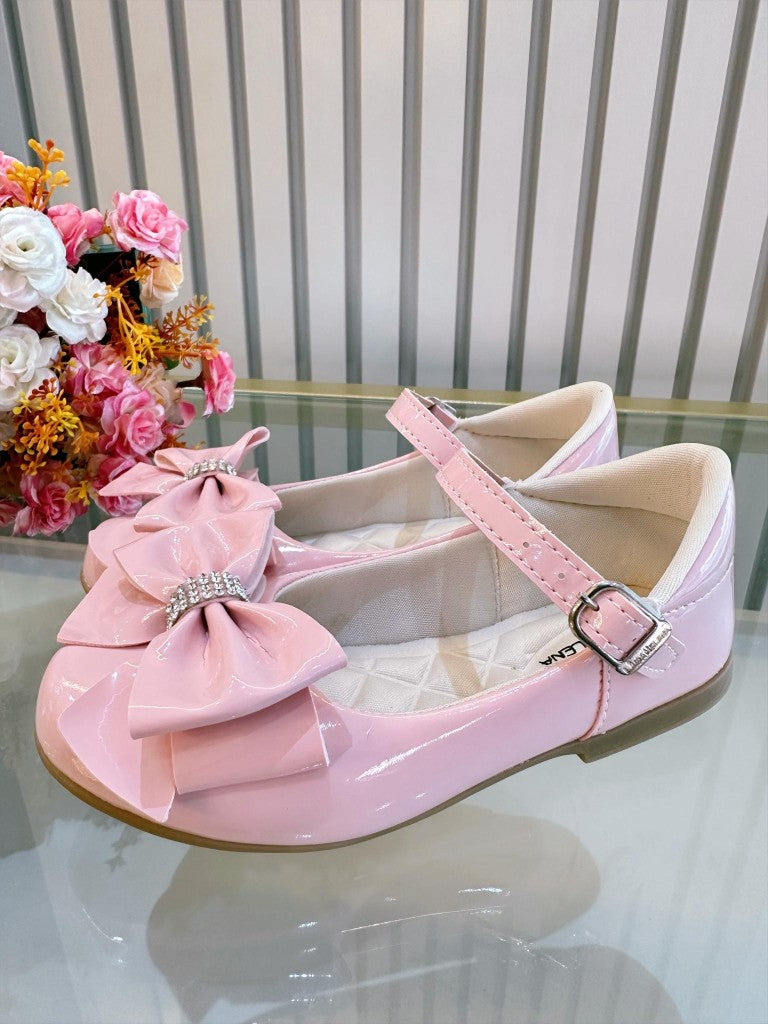 Zapatos de charol rosa de lujo con lazo y pedrería 