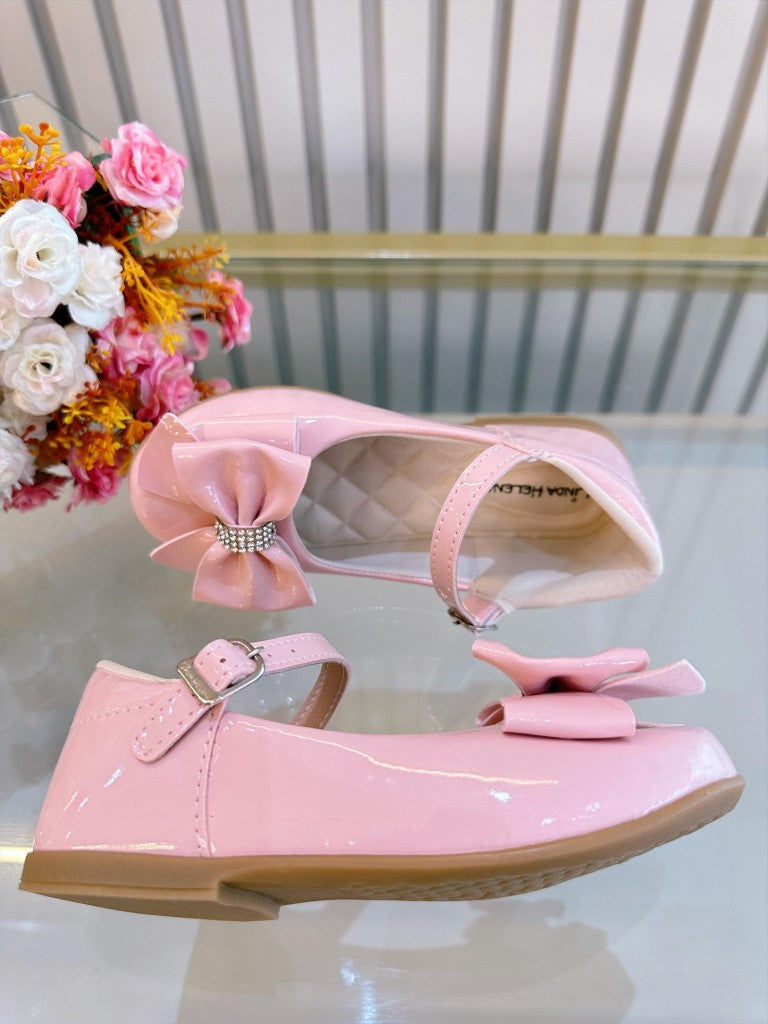 Zapatos de charol rosa de lujo con lazo y pedrería 